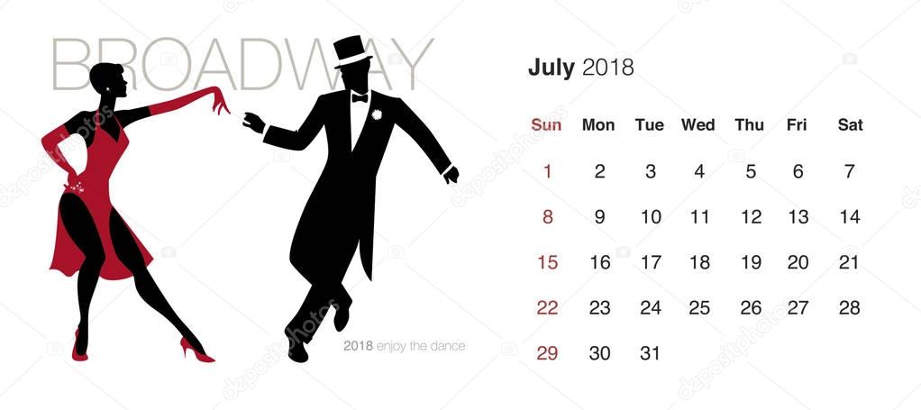 2018 Dance Calendar. July. Elegant couple dancing Broadway style