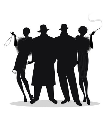 Silhouettes of two men and two flapper girls 20s style isolated  clipart