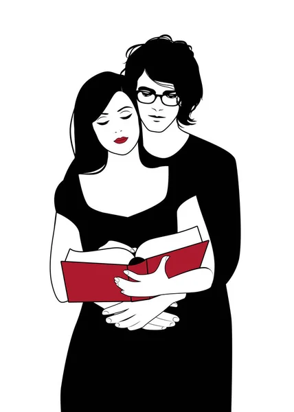 Pareja joven enamorada abrazándose leyendo un libro — Vector de stock