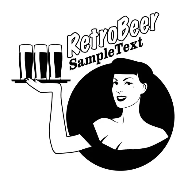 Emblème rétro de pinup girl portant un plateau avec de la bière — Image vectorielle