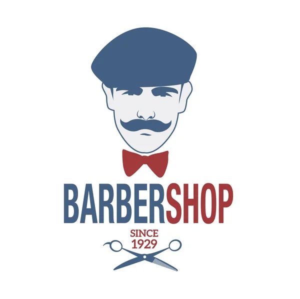 Stylu retro barber shop godło reprezentujących człowiek z wąsem, beret i muszka. Fryzjer nożyczki Symbol — Wektor stockowy