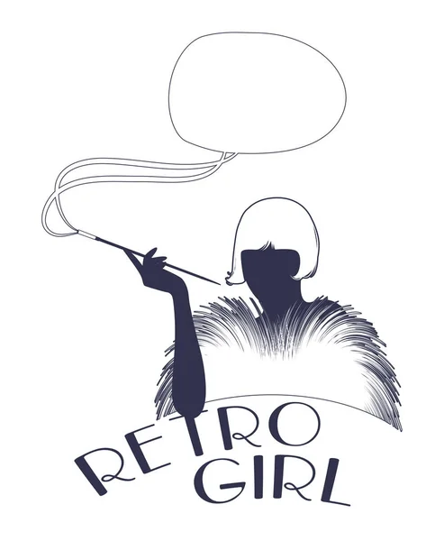 Emblema de estilo retro que representa a una chica solapa fumando en pipa larga . — Vector de stock