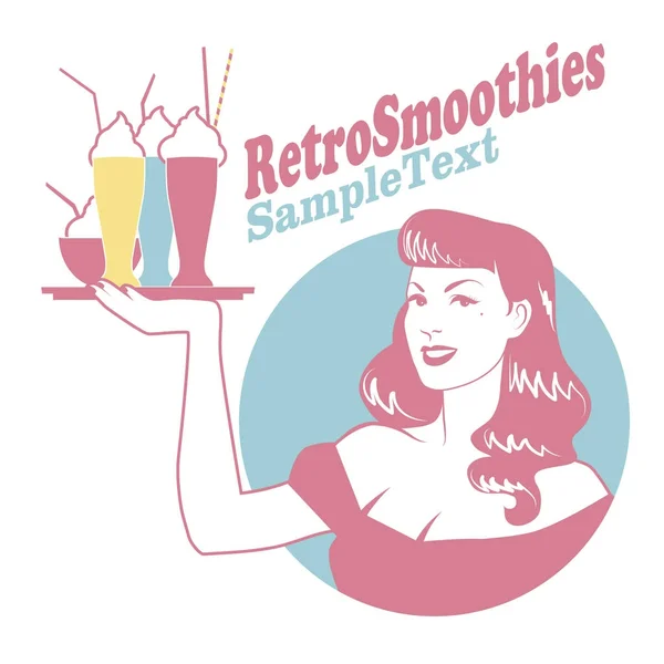 Lambang retro gadis pinup membawa nampan dengan smoothie, es krim atau yogurt beku Grafik Vektor