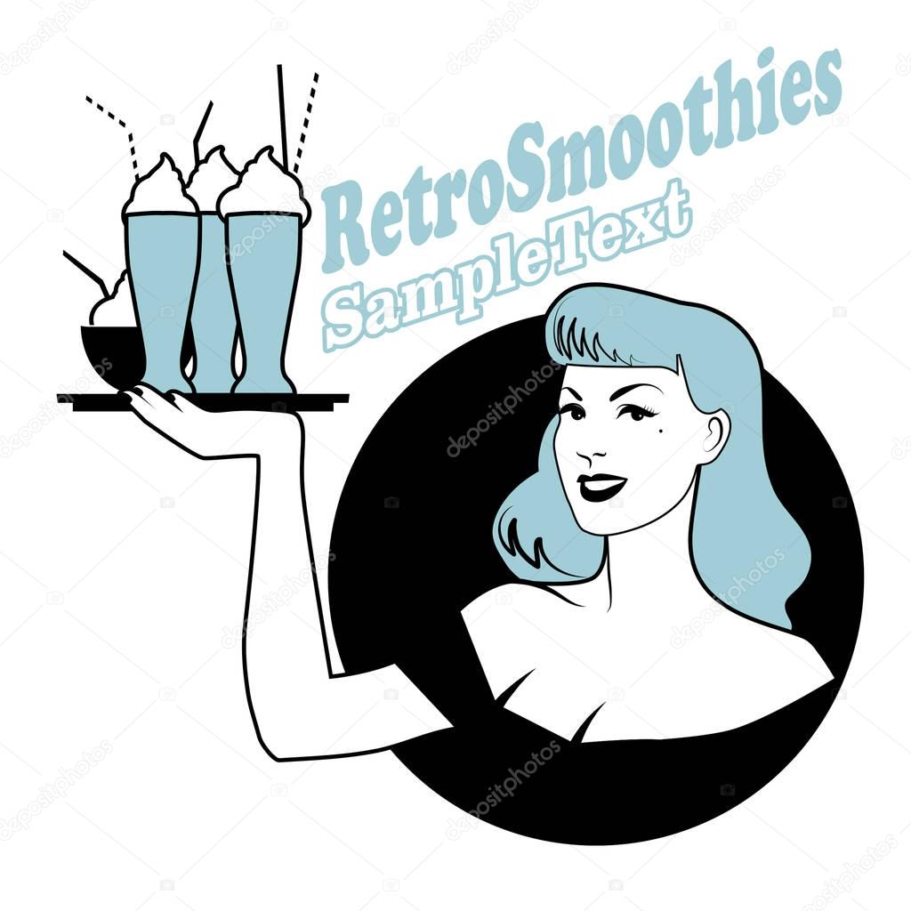 Retro emblem of pinup girl carrying a tray with smoothies, ice cream or frozen yogurt