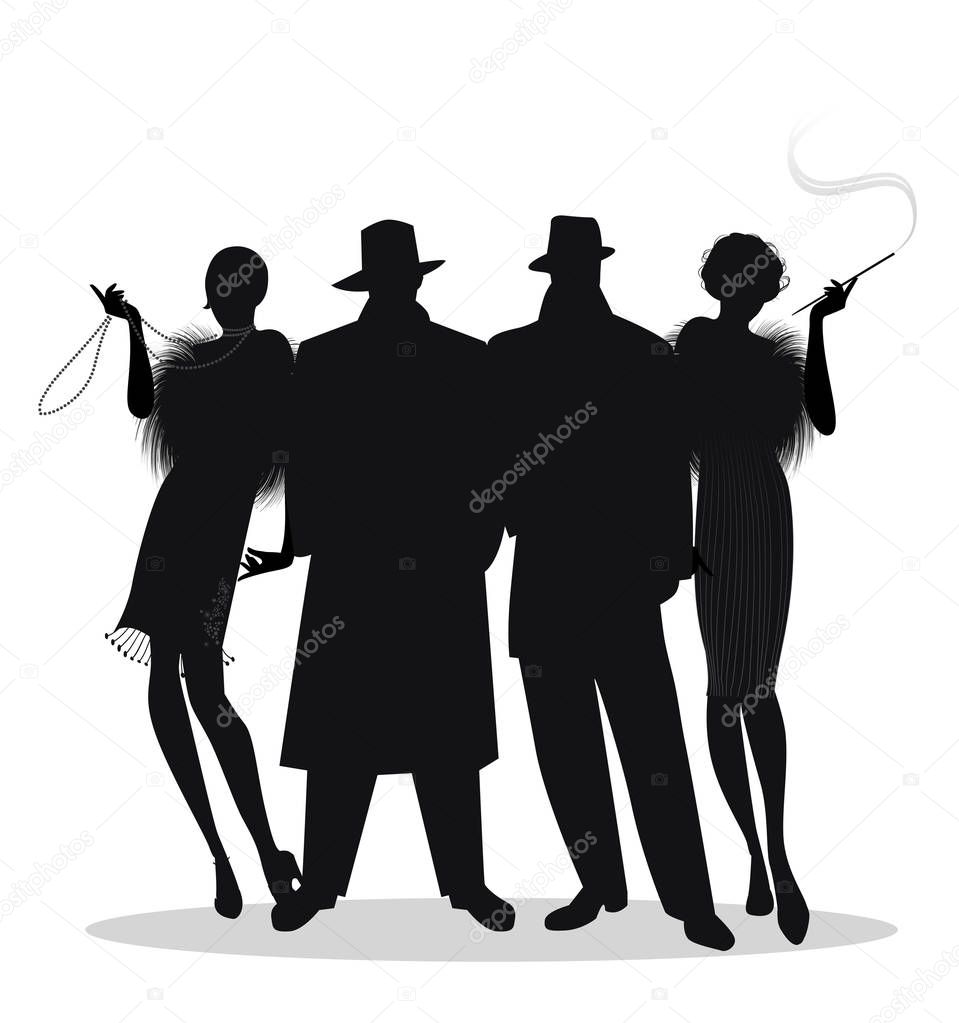 Silhouettes of two men and two flapper girls 20s style isolated 