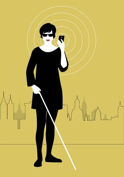 Мобильные технологии для людей с нарушениями зрения. Слепая женщина с помощью смартфона с адаптированной технологией — стоковый вектор