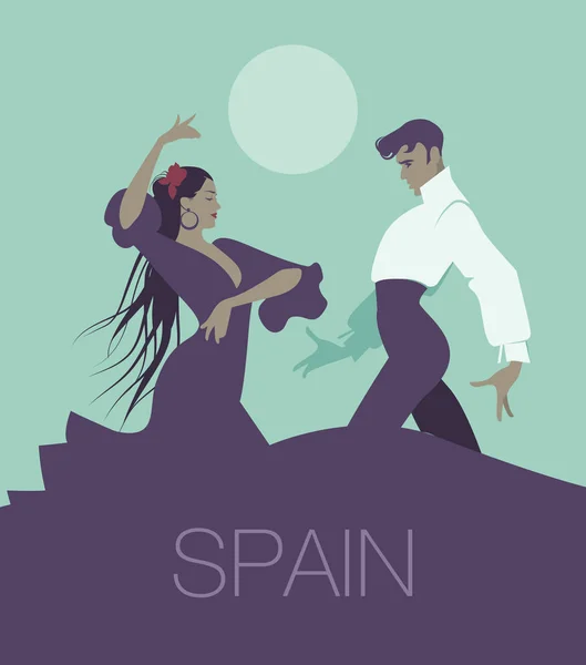 Pareja de bailarines flamencos bailando sevillanas, típico baile español. Hombre guapo y hermosa mujer de pelo largo. Luna en el fondo . — Vector de stock