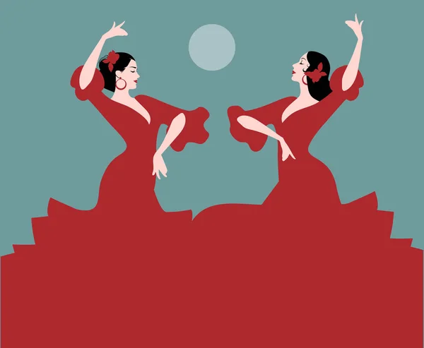 Dwóch tancerzy flamenco hiszpański taniec "sevillanas", typowy hiszpański taniec. Księżyc w tle. — Wektor stockowy