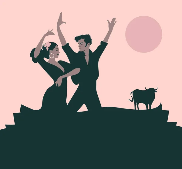 Flamenco táncosok "sevillanas", tipikus spanyol tánc tánc pár. Bika, a Hold vagy a nap a háttérben. — Stock Vector