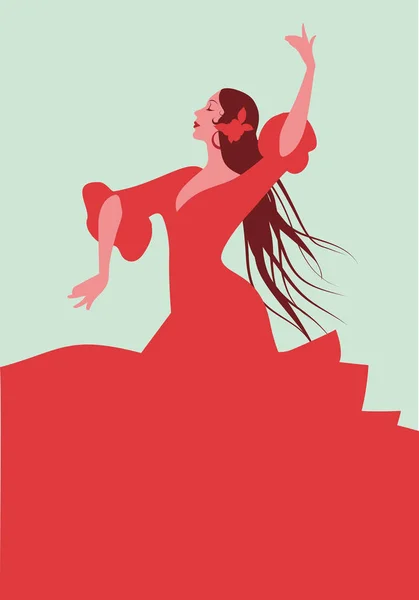 Bella ballerina spagnola di flamenco, vestita con elegante abito rosso e fiore tra i capelli lunghi — Vettoriale Stock