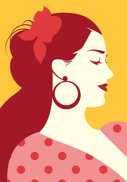 Mooie Spaanse vrouw met bloemen in haar haar en polka dot jurk dragen grote cirkelvormige oorbellen — Stockvector
