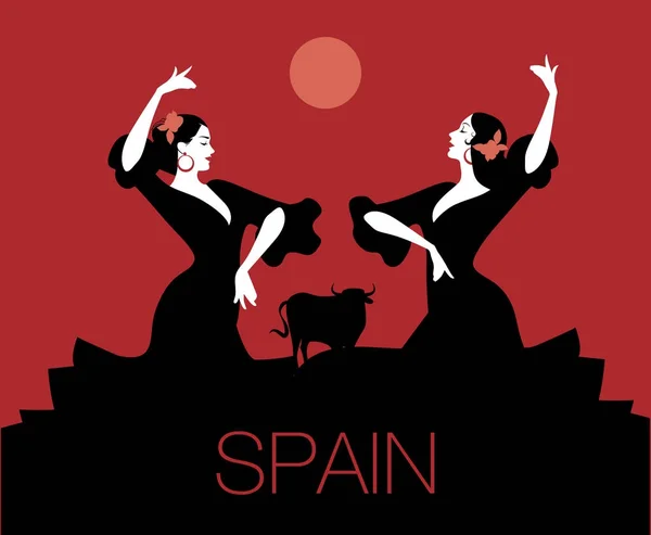 Dois dançarinos de flamenco espanhóis dançando "sevillanas", dança típica espanhola. Touro, lua ou sol ao fundo . —  Vetores de Stock