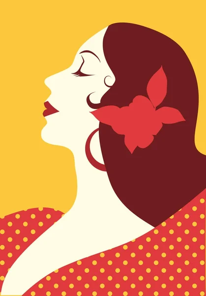 Mulher espanhola bonita com flor em seu cabelo e vestido de bolinhas usando grandes brincos circulares —  Vetores de Stock