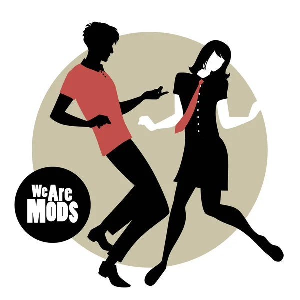 Nous sommes des Mods. Silhouettes de couple portant des vêtements rétro dans les années 1960 Danse de style moderne — Image vectorielle