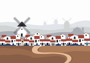 Arka plan manzara'daki yel değirmenleri ile tipik İspanyol Köyü (La Mancha). 