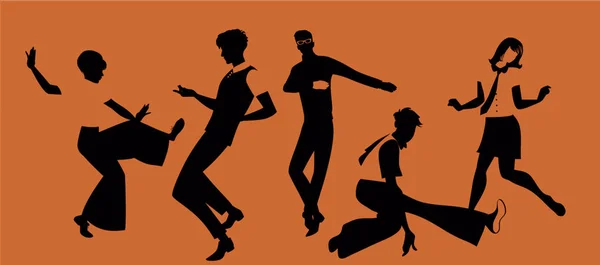 Grupo de cinco jóvenes vestidos con ropa retro, bailando al estilo Mod o Northern Soul — Vector de stock