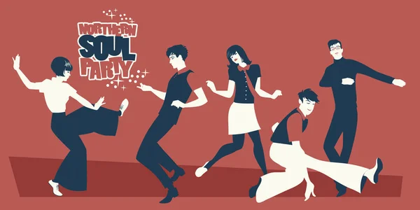 Groupe de cinq jeunes gens portant des vêtements rétro, dansant style Mod ou Northern Soul — Image vectorielle