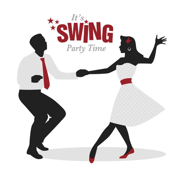 Swing Party Time: Silhouette di giovani coppie che indossano abiti retrò che ballano swing o lindy hop — Vettoriale Stock