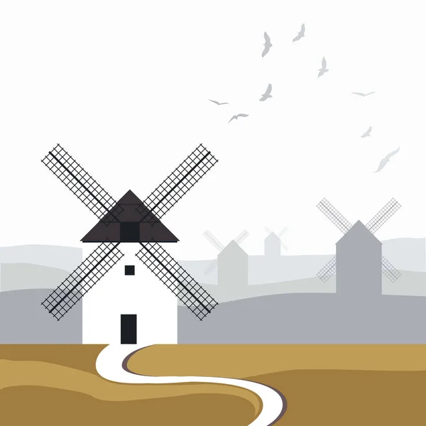 典型的なスペインの風車。フォア グラウンドとバック グラウンドで上空の鳥と風景の道. — ストックベクタ