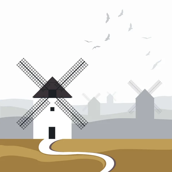 Typische Spaanse windmolens. Weg in de voorgrond en het landschap met vogels over de hemel op de achtergrond. — Stockvector