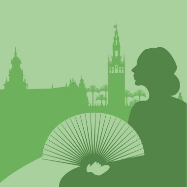 Fan, palmiye ağaçları ve Sevilla anıtları ile kadın silüeti. (İspanya Meydanı ve Giralda)