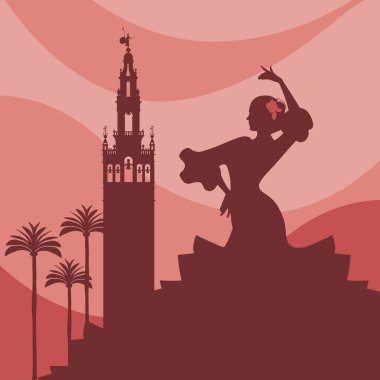 Flamenko dansçısı, avuç içi ve anıtlar Seville silüeti. (Giralda)