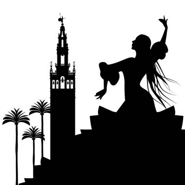 Flamenko dansçısı, avuç içi ve anıtlar Seville silüeti. (Giralda)