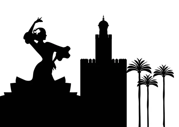 Silhouette di ballerino di flamenco, palme e monumenti a Siviglia. (La Torre d'Oro ) — Vettoriale Stock