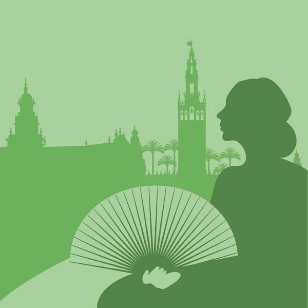 Silhueta de mulher com ventilador, palmeiras e monumentos de Sevilha. (Praça da Espanha e Giralda ) — Vetor de Stock