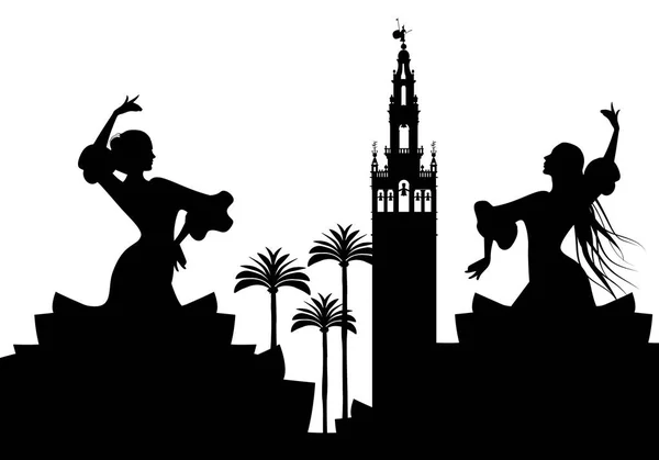 Silueta de dos bailarines flamencos, palmeras y monumentos de Sevilla. (La Giralda ) — Vector de stock