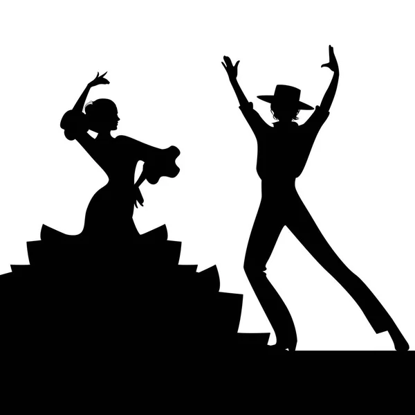 Silhouette di coppia di ballerini di flamenco tipici spagnoli. Uomo elegante con tipico cappello spagnolo — Vettoriale Stock