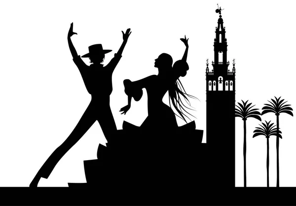 Silhuetten av spanska flamenco dansare par, palmer och monument i Sevilla. (Giralda) — Stock vektor