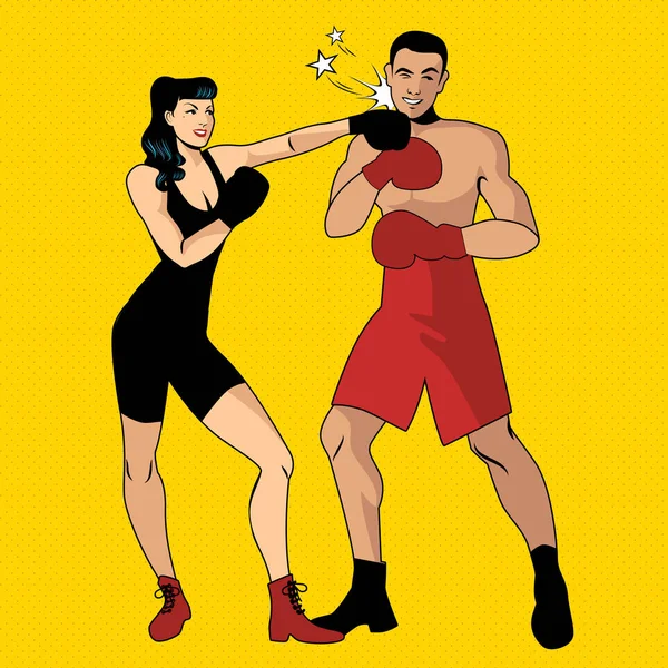 Krieg der Geschlechter. schöne Boxerin schlägt ihre hübsche Gegnerin mit einem linken Haken — Stockvektor