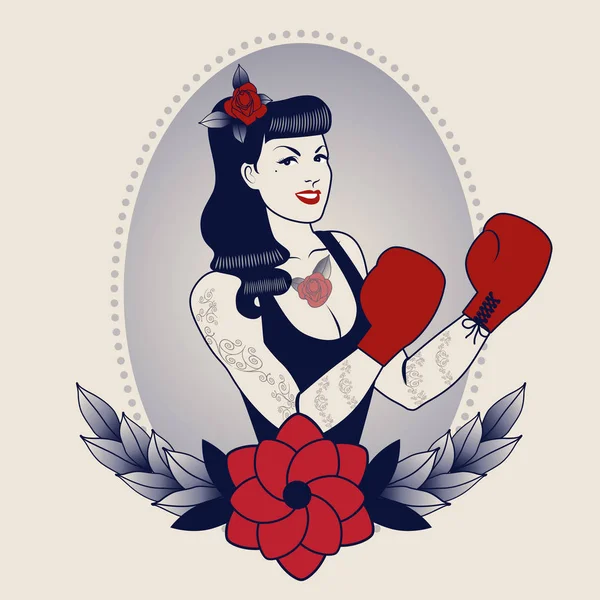 Emblema de pinup boxing girl, con flores, tatuajes y guantes de boxeo. Estilo retro. Estilo de tatuaje — Archivo Imágenes Vectoriales