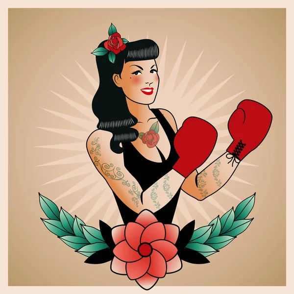 Emblema de pinup boxing girl, con flores, tatuajes y guantes de boxeo. Estilo retro. Estilo de tatuaje — Archivo Imágenes Vectoriales