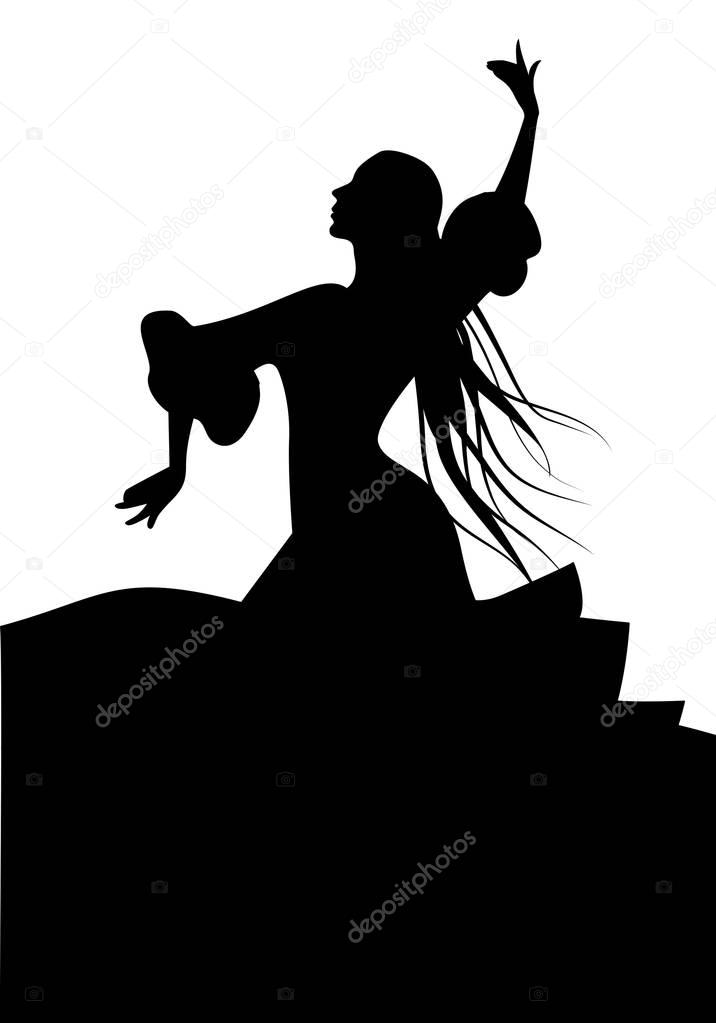 Silhouette of typical Spanish flamenco dancer woman with long mane.