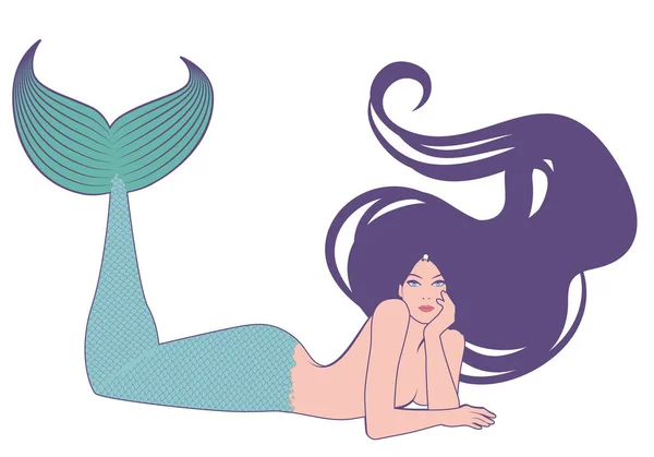 Mermaid isolated with long mane lying with her face resting on one hand — Stock Vector