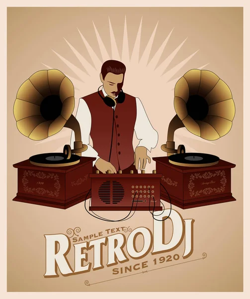 DJ w stylu retro z wąsem, Kamizelka, muszka i słuchawki na szyi. — Wektor stockowy