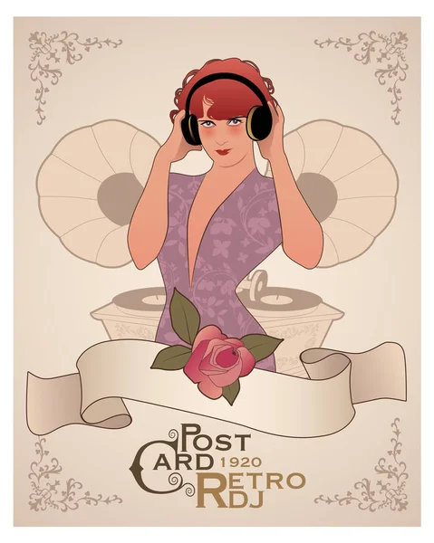 老式明信片。Dj 妇女复古风格与耳机之间的老式唱机 — 图库矢量图片