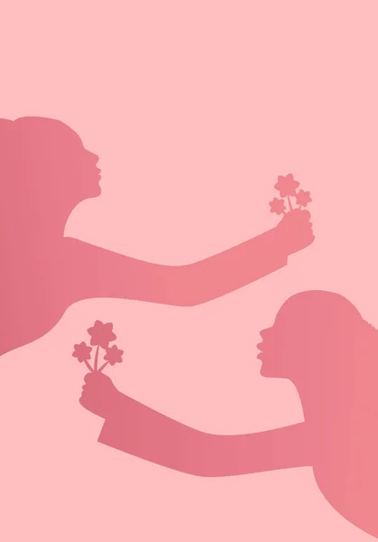Силуэты женщин с вытянутыми руками, держащими букеты цветов . — стоковый вектор