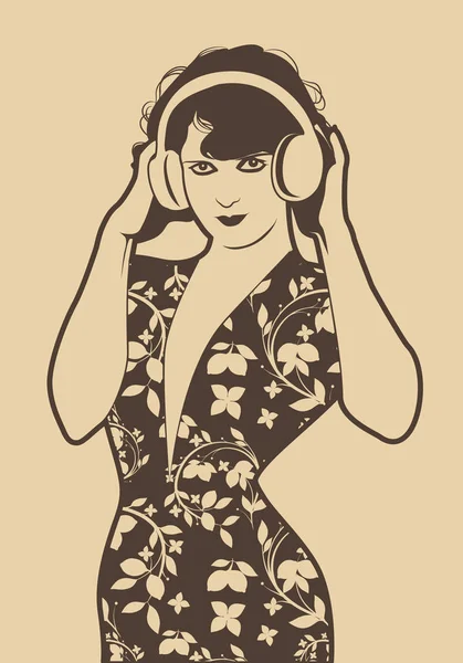 Mooie flapper meisje met koptelefoon geïsoleerd. Retro stijl — Stockvector