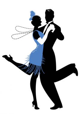 Silhouettes of couple wearing clothes in the style of the twenties dancing Charleston