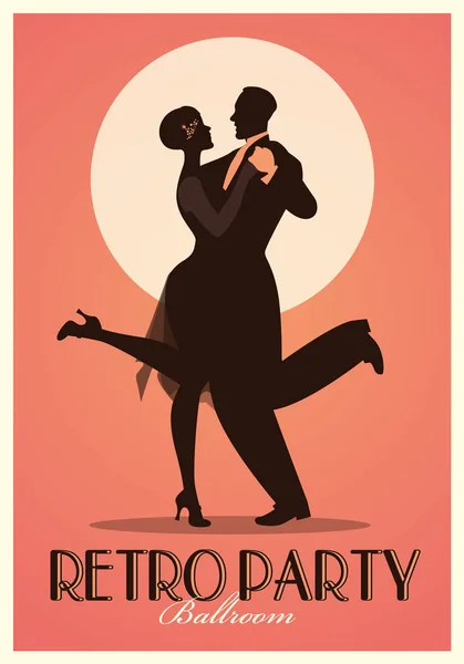 Retro Party Poster. Silhouettes of couple wearing clothes in the style of the twenties dancing Charleston — Stock Vector