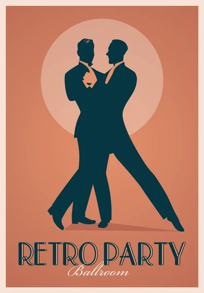 Retro-Party-Plakat. Silhouetten von Männern in Retro-Anzügen tanzen — Stockvektor