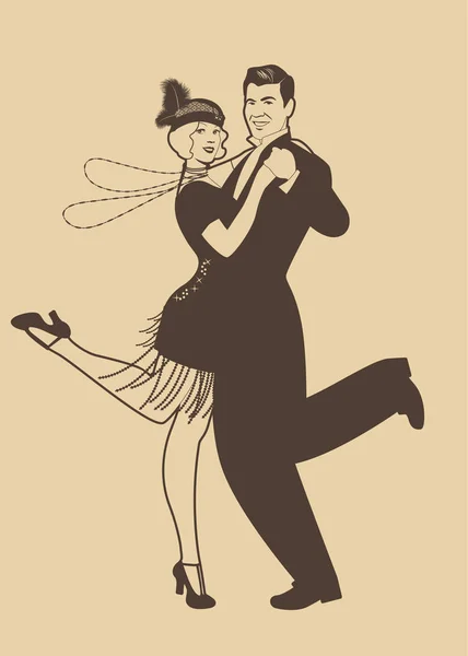 Pareja vistiendo ropa al estilo de los años veinte bailando Charleston — Vector de stock