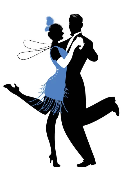 Siluetas de pareja vestida al estilo de los años veinte bailando Charleston — Vector de stock