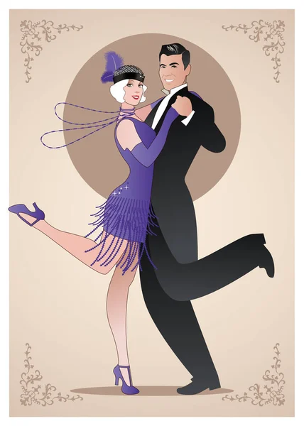 Casal vestindo roupas no estilo dos anos 20 dançando Charleston — Vetor de Stock