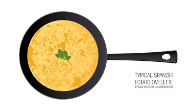 Bir tavada tipik İspanyol patates omlet. Süsleme maydanoz