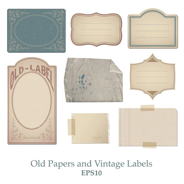 Conjunto Papeles Viejos Manchados Doblados Estropeados Etiquetas Vintage Con Textura — Vector de stock