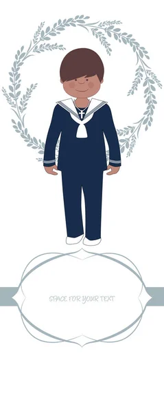 First communion celebration reminder. Cute boy wearing communion suit surrounded by flower wreath. — Stock Vector
